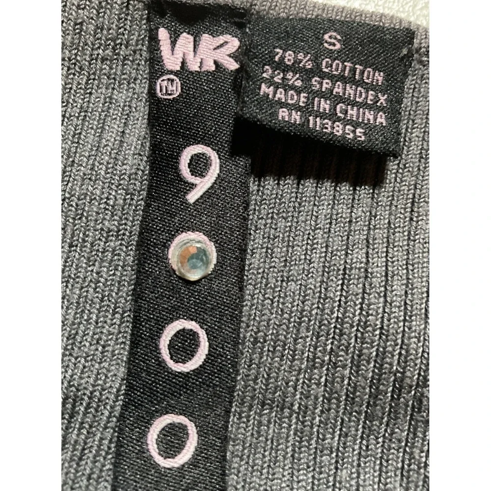 WK 9000 Gray Ribbed Knit Zip Up Cardigan Gold Foil Graphic‎ Rhinestone Small